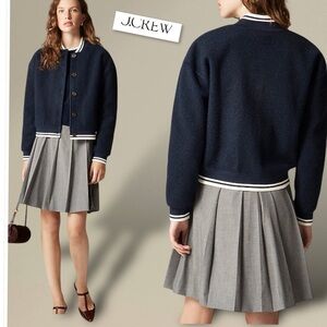 J.Crew NWT Bouclé  Flight Varsity Jacket In Navy Blue /White Size 6